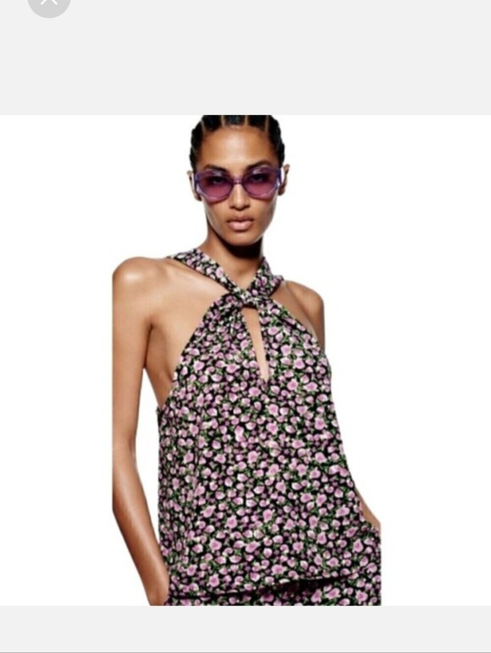 NWT Zara Floral Halter Keyhole Women's Top - Pink on Black